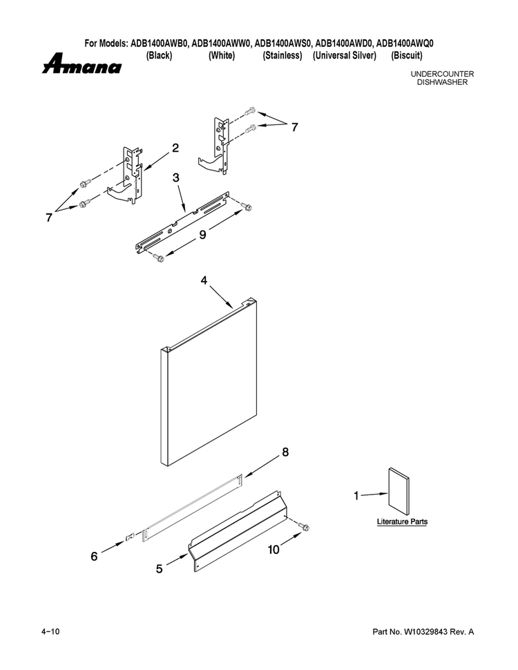 Door And Panel Parts Diagram and Parts List for ADB1400AWB0  Amana Dishwasher