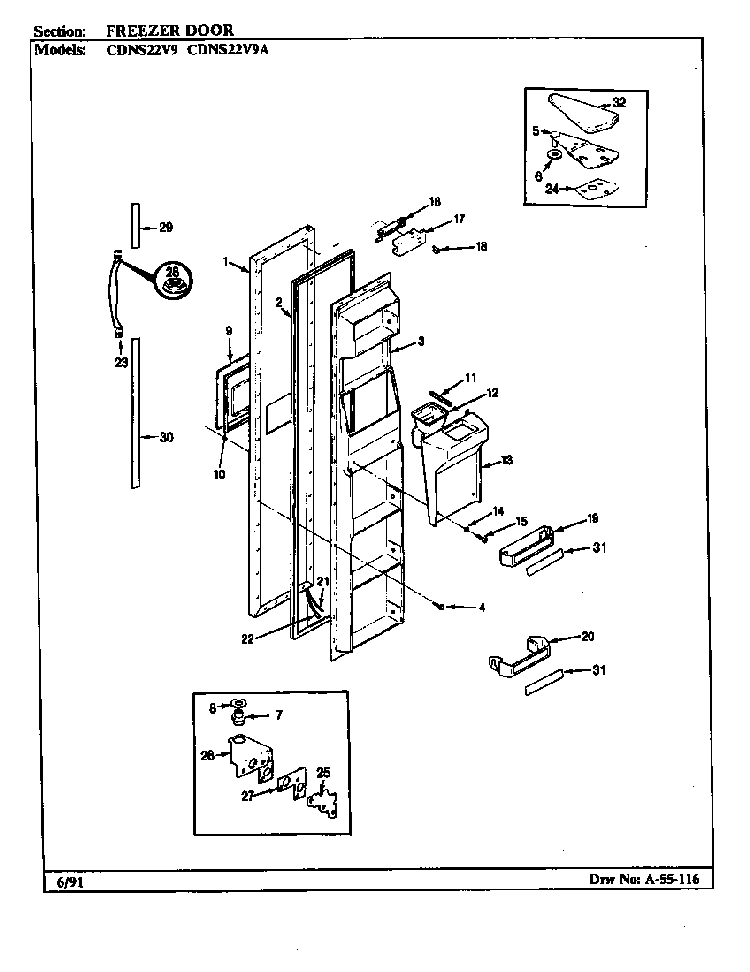 Freezer Door Diagram and Parts List for CDNS22V9A BR35E Maytag Refrigerator