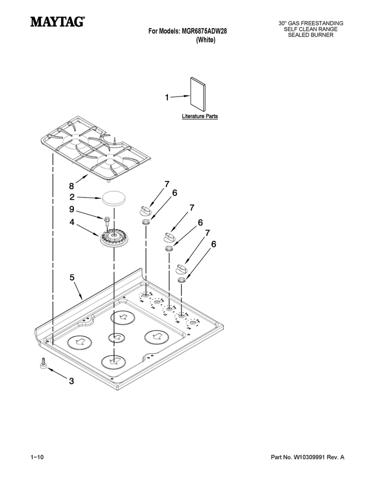 Cooktop Parts Diagram and Parts List for MGR6875ADW28  Maytag Range