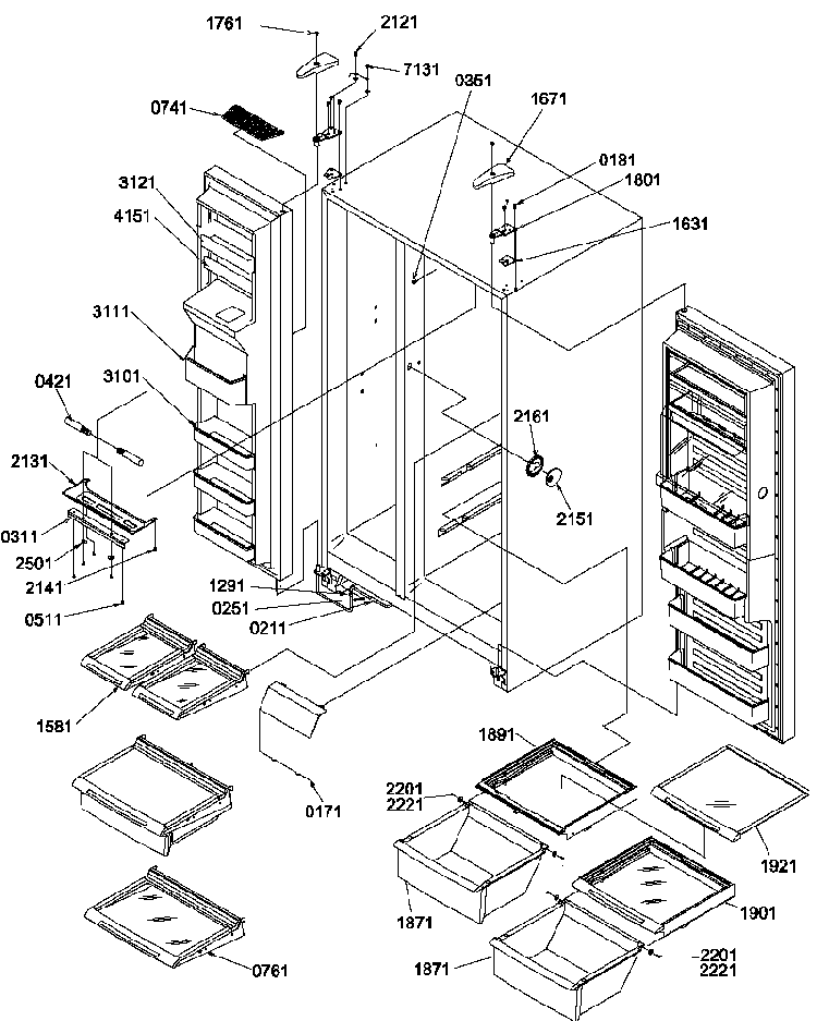 Refrigerator/freezer Shelves, Lights, And Hinges Diagram and Parts List for SRD327S3W-P1307105WW  Amana Refrigerator