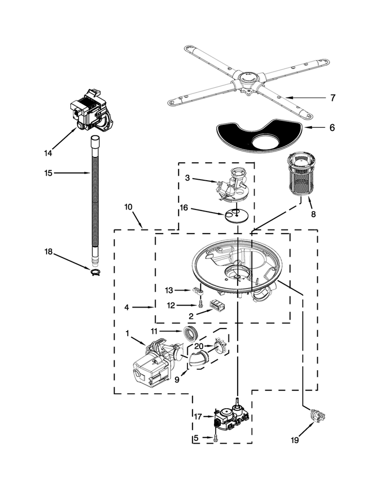 Pump, Washarm And Motor Parts Diagram and Parts List for JDB9200CWP2  Jenn-Air Dishwasher