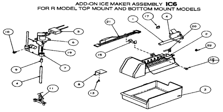 Add-on Ice Maker Assembly Diagram and Parts List for TXI22R-P1168004W  Amana Refrigerator