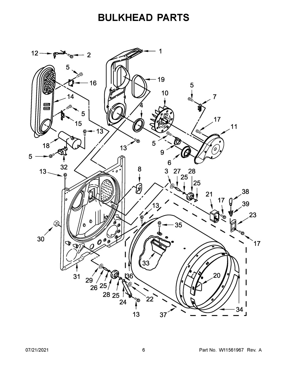 Bulkhead Parts Diagram and Parts List for CGD7011LW0  Crosley Dryer