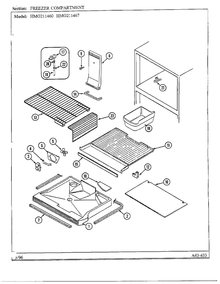 Freezer Compartment Diagram and Parts List for HMG211460  Admiral Refrigerator