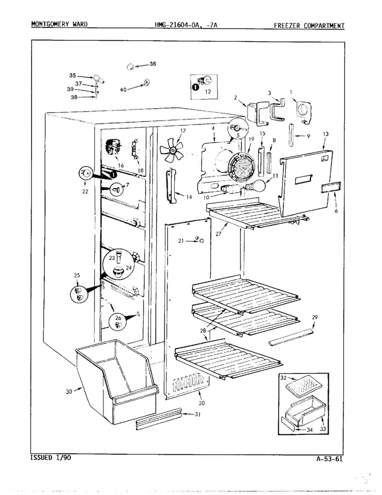 Freezer Compartment Diagram and Parts List for 21604A  Admiral Refrigerator