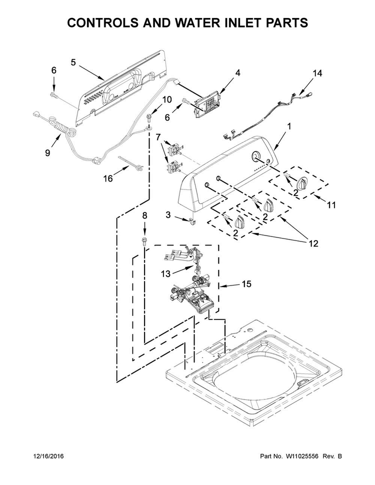 Controls And Water Inlet Parts Diagram and Parts List for 4KNTW4605FW0  Amana Washer