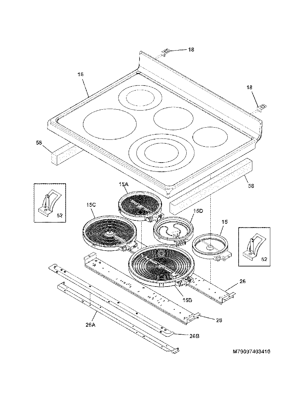 Main Top Diagram and Parts List for 79097403410  Kenmore Range