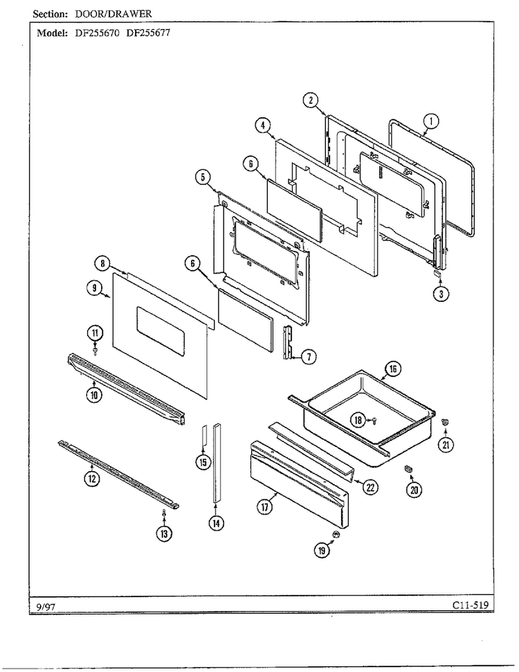 Door/drawer Diagram and Parts List for DF255670  Magic Chef Range