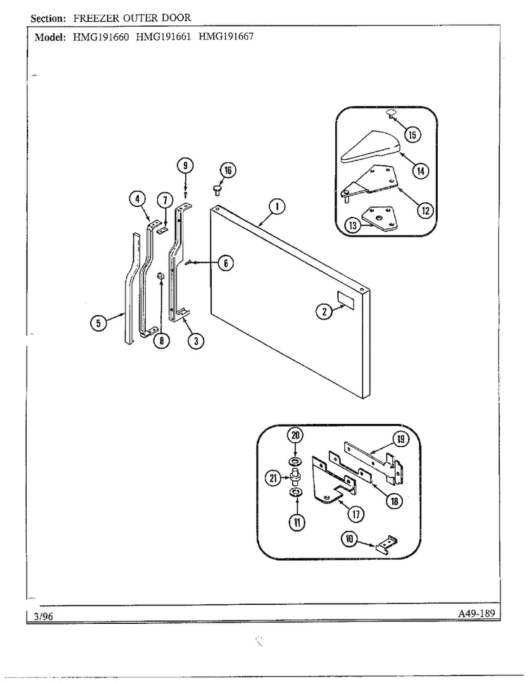 Freezer Outer Door Diagram and Parts List for HMG191660  Admiral Refrigerator