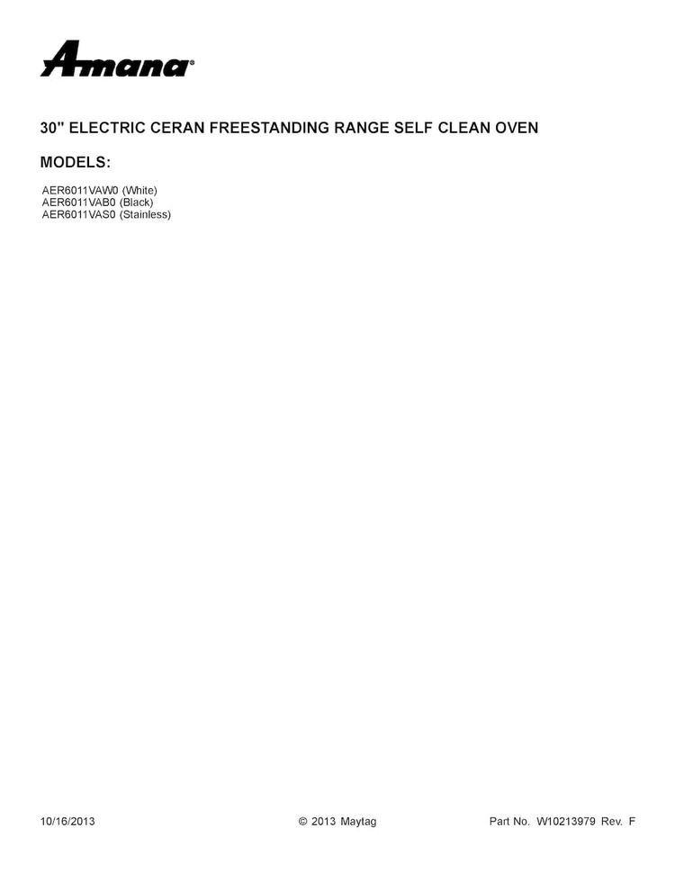 Cover Sheet Diagram and Parts List for AER6011VAS0  Amana Range