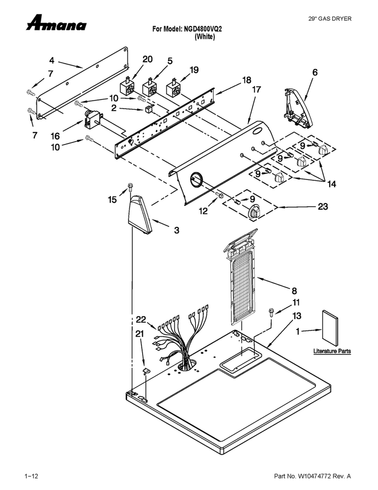 Top And Console Parts Diagram and Parts List for NGD4800VQ2  Amana Dryer