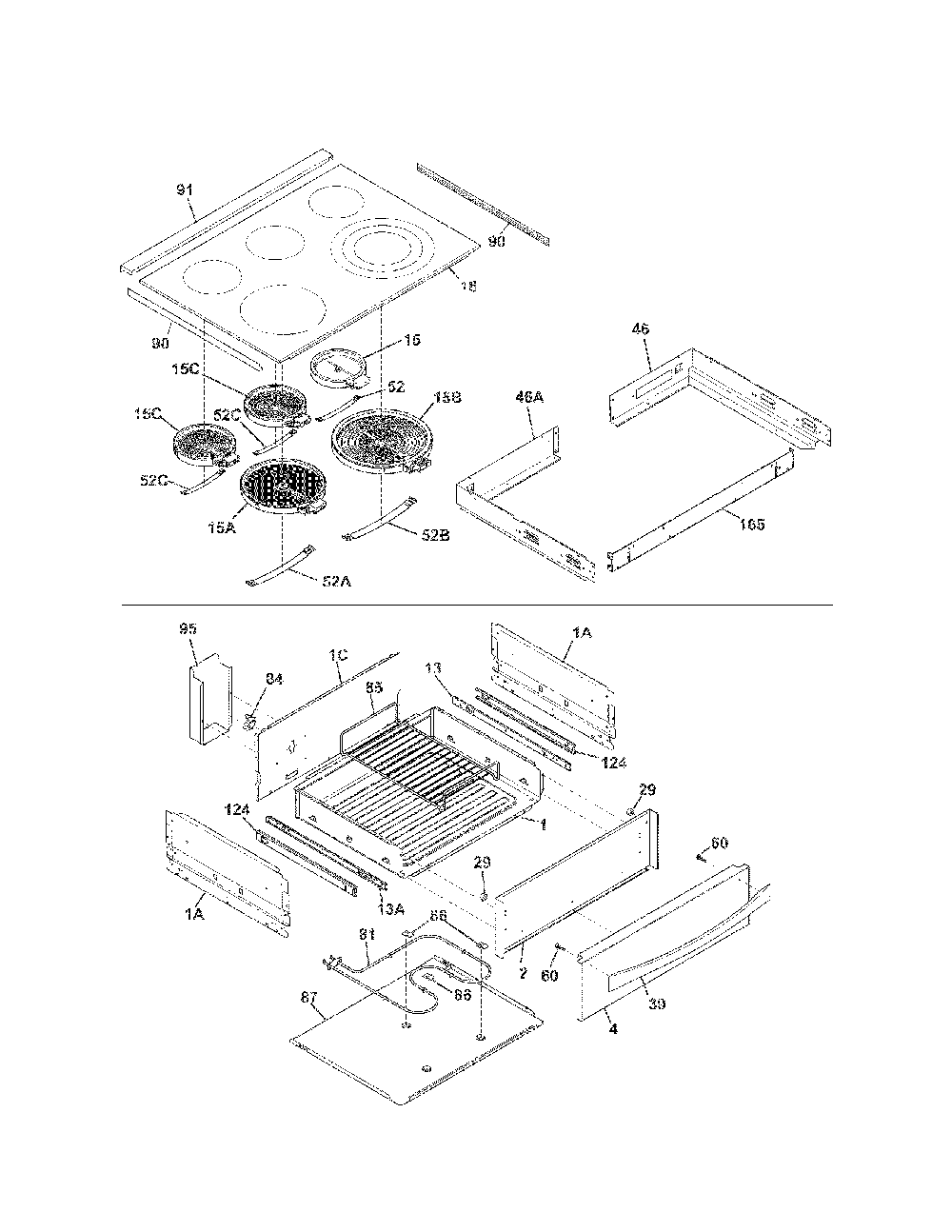 Top/Drawer Diagram and Parts List for 79042569310  Kenmore Range