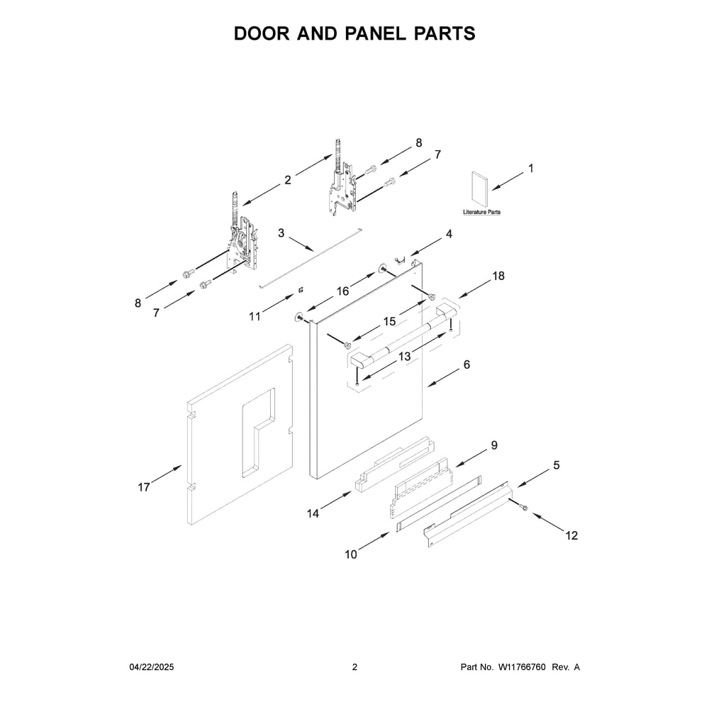 Door And Panel Parts Diagram and Parts List for JDTS3924SL0  Jenn-Air Dishwasher