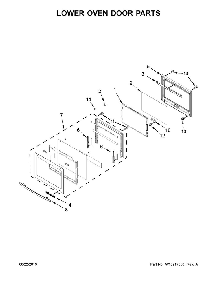 Lower Oven Door Parts Diagram and Parts List for JJW3830DS02  Jenn-Air Wall Oven