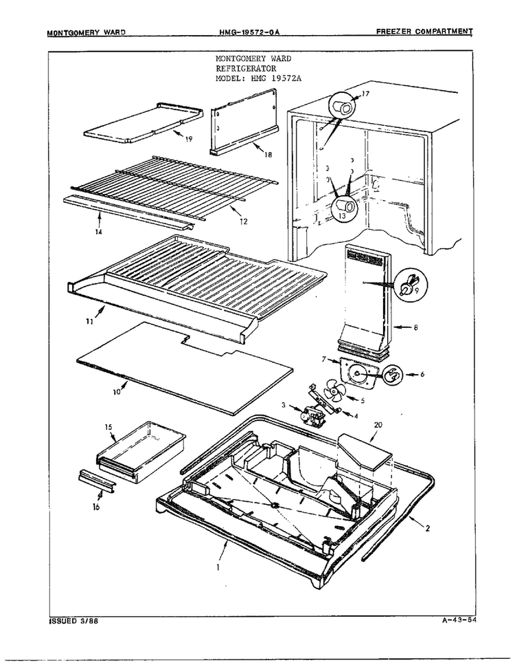 Freezer Compartment Diagram and Parts List for 19572A  Admiral Refrigerator