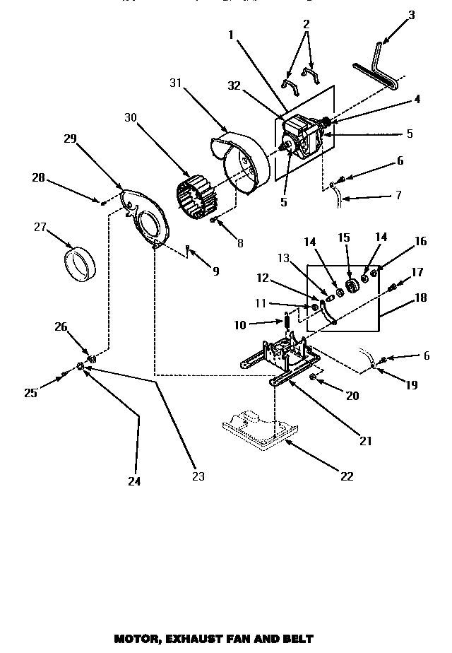 Motor, Exhaust Fan & Belt Diagram and Parts List for LEM547L-P1176706WL  Amana Dryer