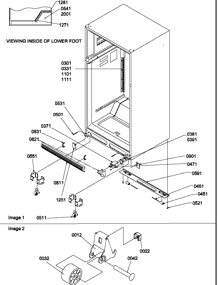 Ladders, Lower Cabinet And Rollers Diagram and Parts List for TR21S4E-P1196105WE  Amana Refrigerator