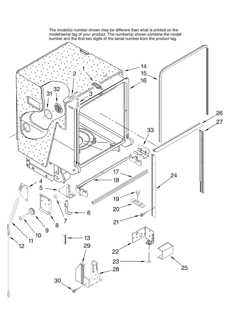 Tub And Frame Parts Diagram and Parts List for JDB1105AWB0  Jenn-Air Dishwasher