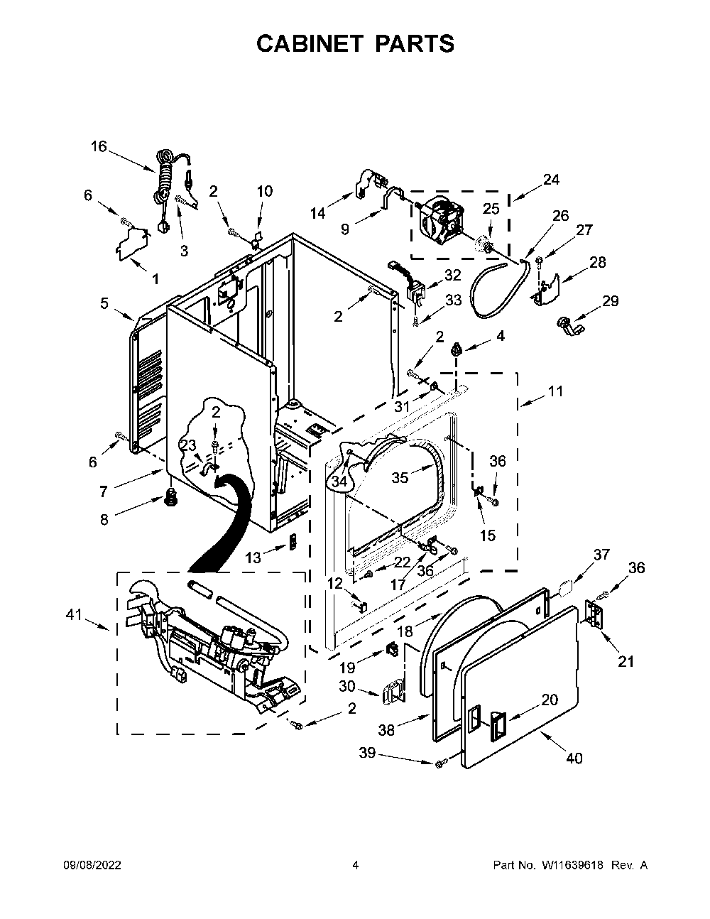 Cabinet Parts Diagram and Parts List for 11070222514  Kenmore Dryer