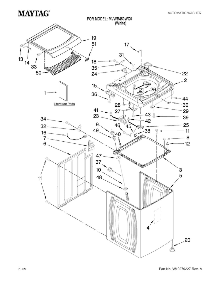 Top And Cabinet Parts Diagram and Parts List for MVWB450WQ0  Maytag Washer