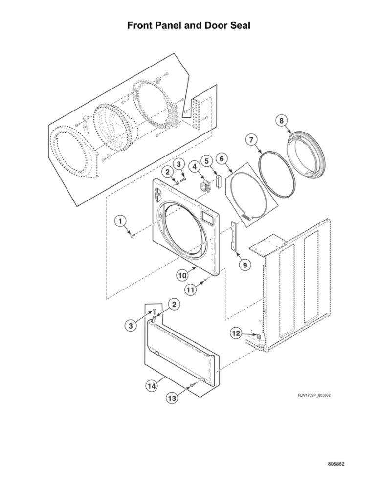 Front Panel/Door Seal Diagram and Parts List for LFNE5BSP115TW01  Speed Queen Washer