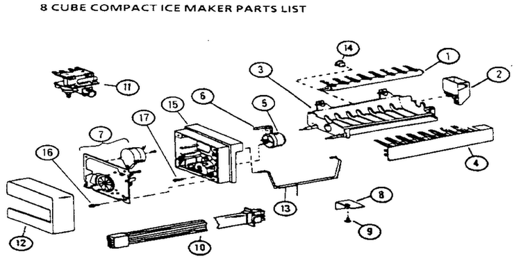 8 Cube Compact Ice Maker Diagram and Parts List for 36768-P1135803W  Amana Refrigerator