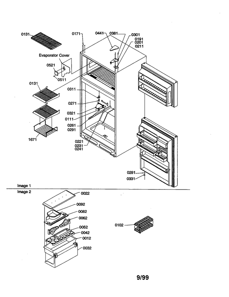 Hinges/freezer Shelves/accessories Diagram and Parts List for TR25V2E-P1316102WE  Amana Refrigerator