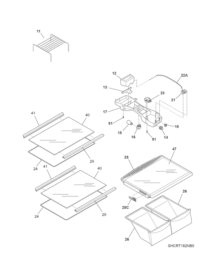 Shelves Diagram and Parts List for CRT182HNW6  Crosley Refrigerator