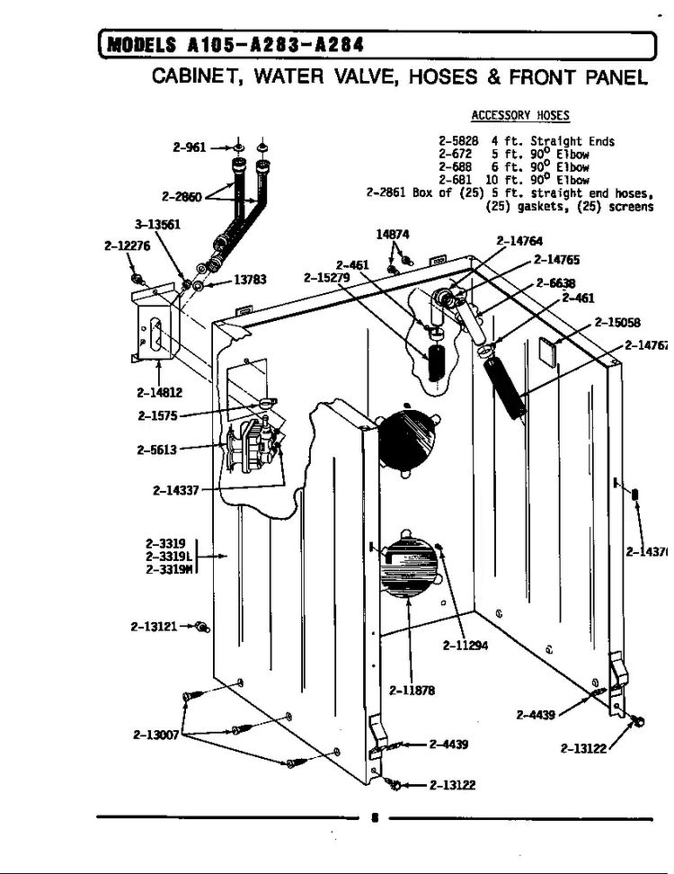 Cabinet, Water Valve, Hoses & Frnt Panel Diagram and Parts List for BA283  Maytag Washer