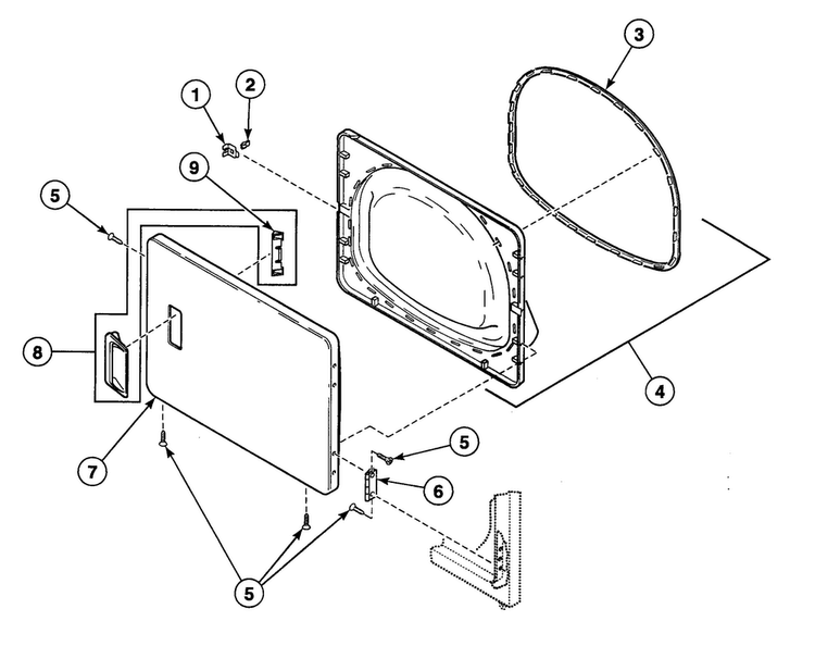 Door Assy Diagram and Parts List for SDE307WF1500  Speed Queen Dryer