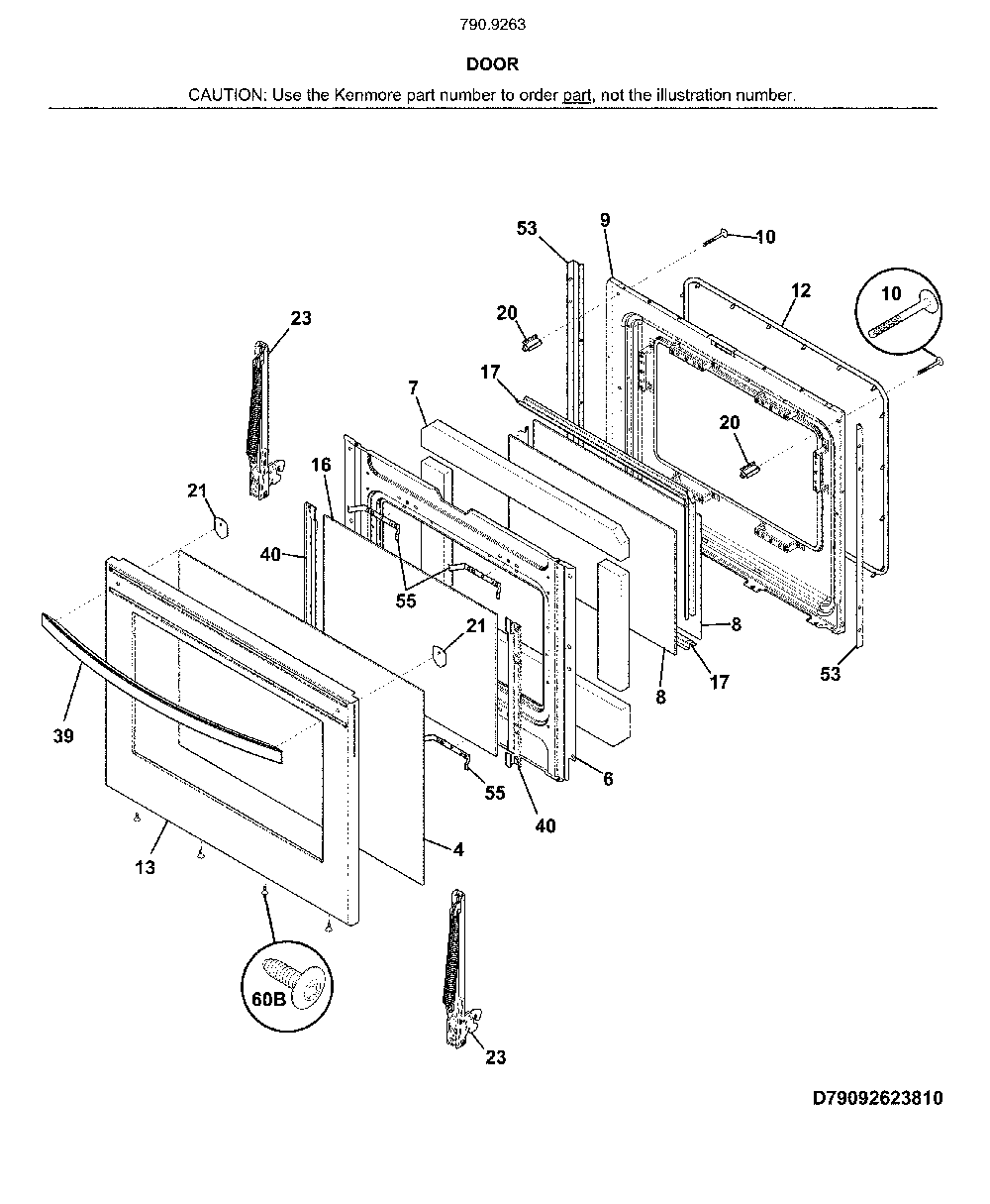 Door Diagram and Parts List for 79092633810  Kenmore Range