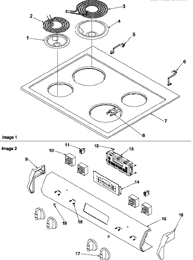 Main Top & Control Panel Diagram and Parts List for ZRRSC8050E-P1130653NE  Amana Range