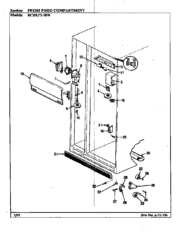 Fresh Food Compartment Diagram and Parts List for RC20LA-3BW-BS08A  Magic Chef Refrigerator