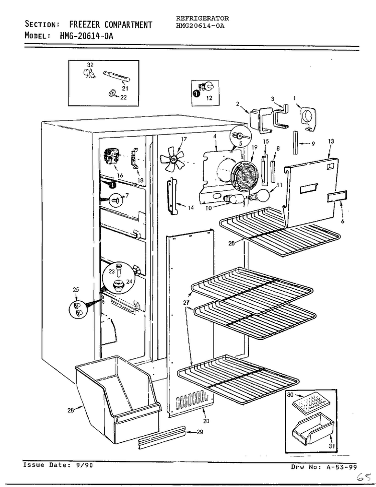 Freezer Compartment Diagram and Parts List for 6540A REV Admiral Refrigerator