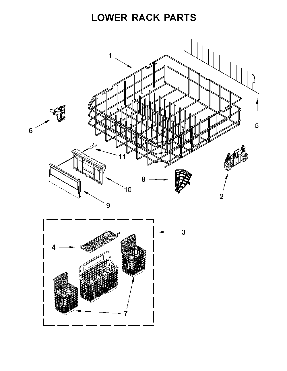 Lower Rack Parts Diagram and Parts List for 66514813N612  Kenmore Dishwasher