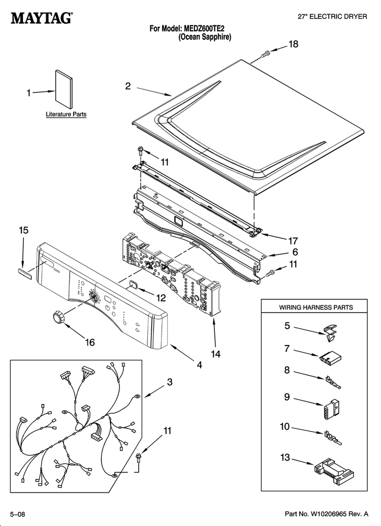 Top And Console Parts Diagram and Parts List for MEDZ600TE2  Maytag Dryer