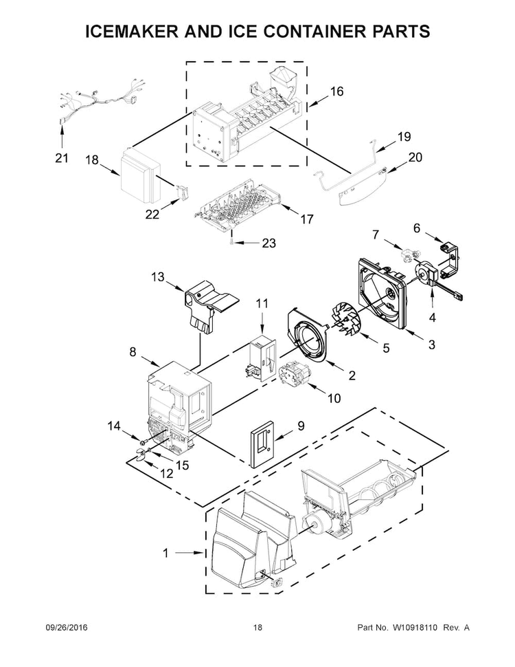 Icemaker And Ice Container Parts Diagram and Parts List for MFI2269FRB00  Maytag Refrigerator