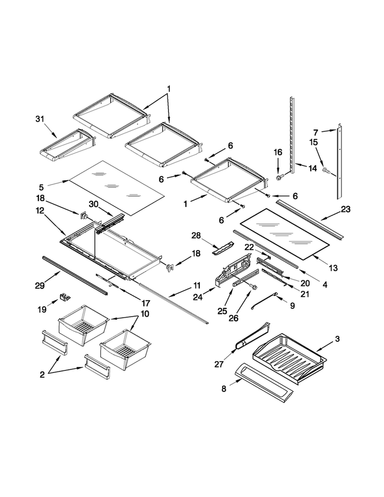 Shelf Parts Diagram and Parts List for 5VMFI267AA00  Maytag Refrigerator