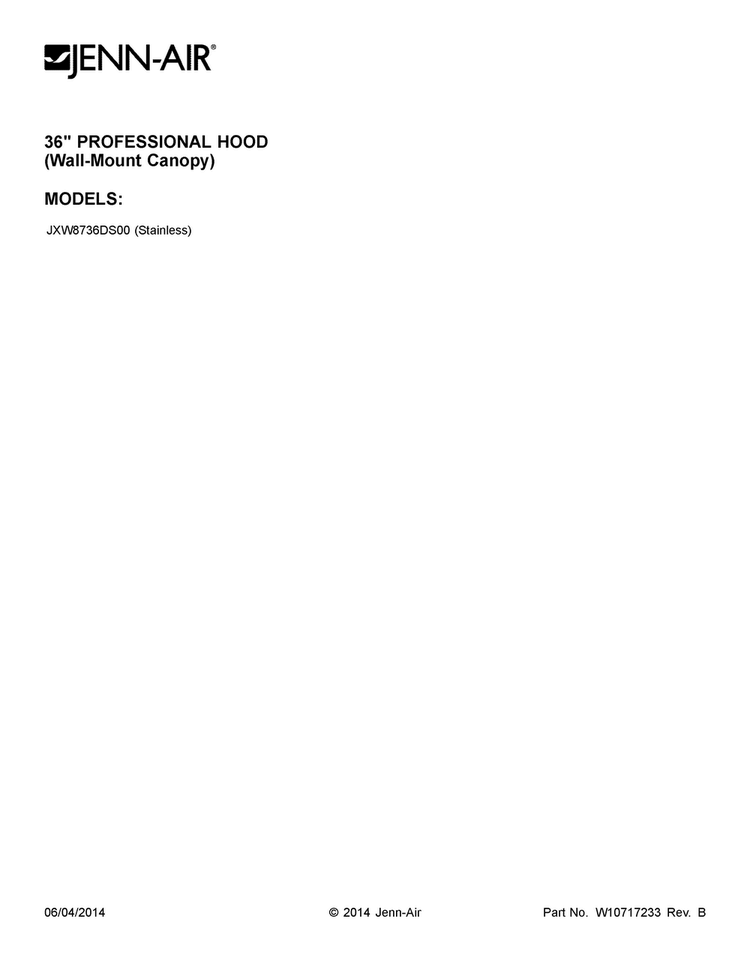 Cover Sheet Diagram and Parts List for JXW8736DS00  Jenn-Air Range Hood