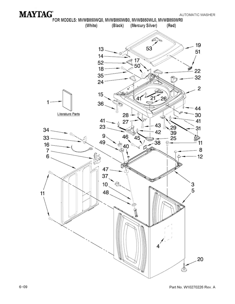 Top And Cabinet Parts Diagram and Parts List for MVWB850WR0  Maytag Washer