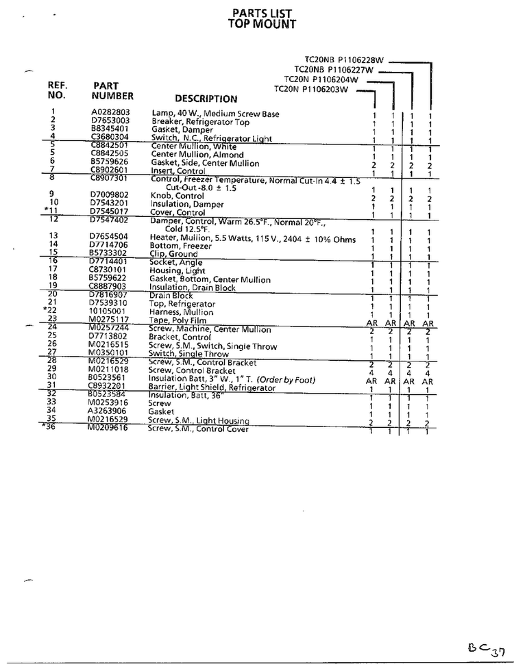 Top Mount Page 20 Diagram and Parts List for TC22N-P116205W  Amana Refrigerator
