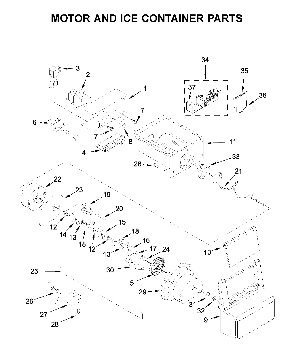 Motor And Ice Container Parts Diagram and Parts List for 10650045714  Kenmore Refrigerator