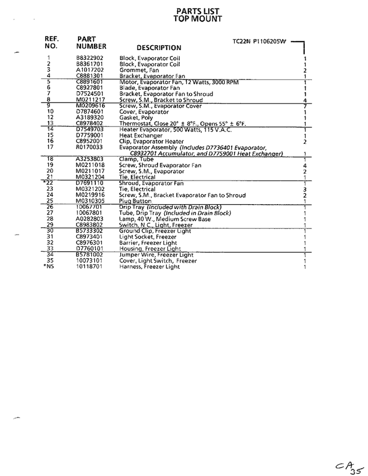 Top Mount Page 32 Diagram and Parts List for TC22N-P116205W  Amana Refrigerator
