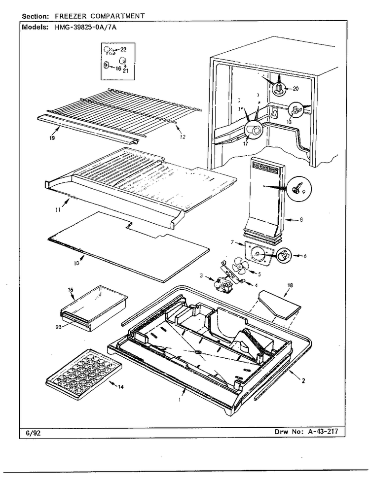 Freezer Compartment Diagram and Parts List for 39825-7A  Admiral Refrigerator
