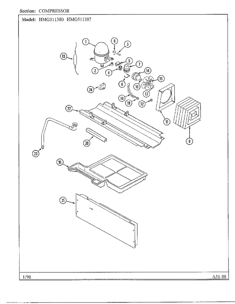Compressor Diagram and Parts List for HMG511387  Admiral Refrigerator