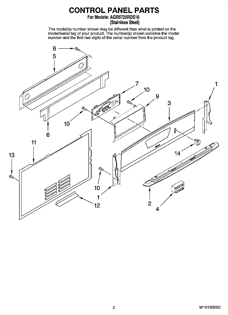 CONTROL PANEL PARTS Diagram and Parts List for AGR5725RDS16  Amana Range