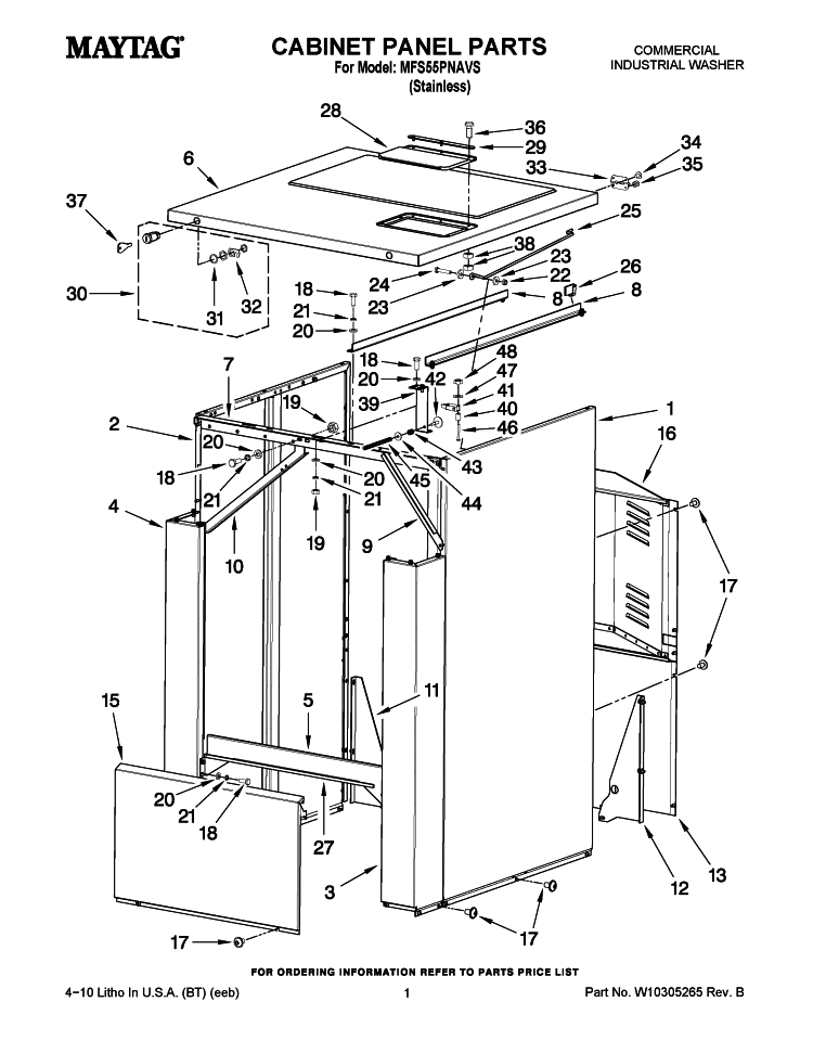 CABINET PANEL PARTS Diagram and Parts List for MFS55PNAVS  Maytag Washer