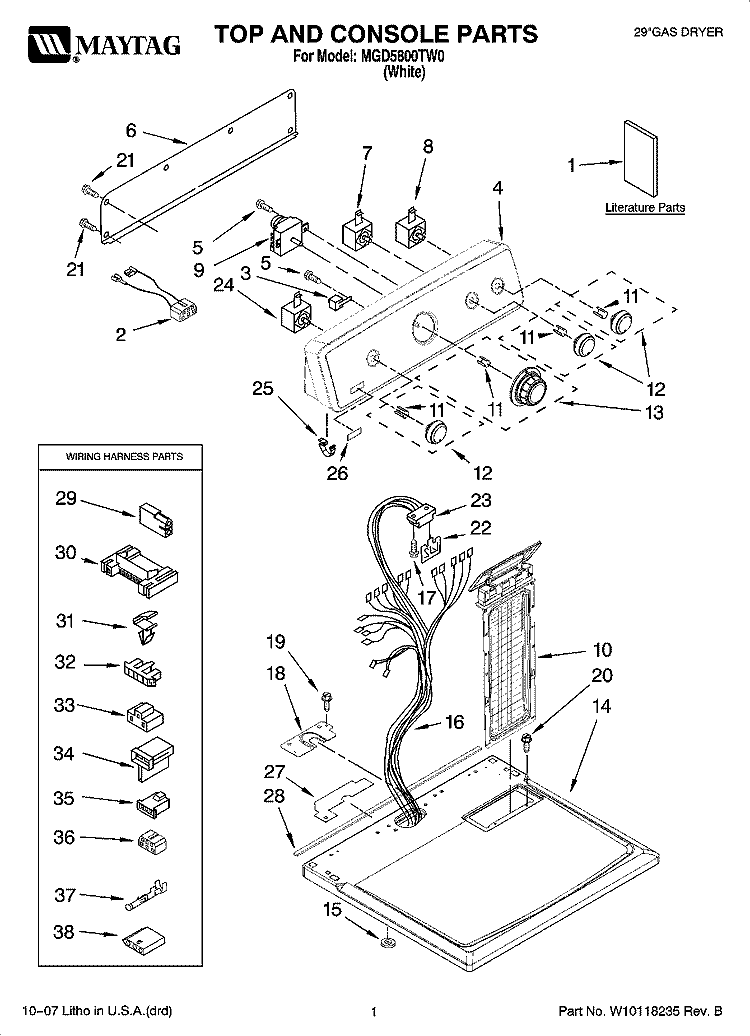 TOP AND CONSOLE PARTS Diagram and Parts List for MGD5800TW0  Maytag Dryer