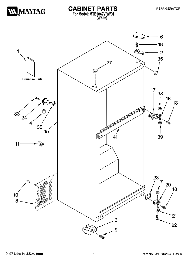 CABINET PARTS Diagram and Parts List for MTB1842VRW01  Maytag Refrigerator