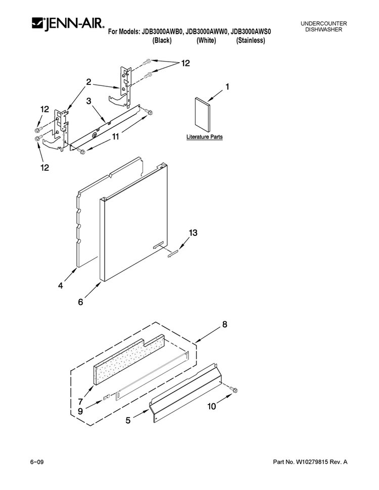 Door And Panel Parts Diagram and Parts List for JDB3000AWB0  Jenn-Air Dishwasher